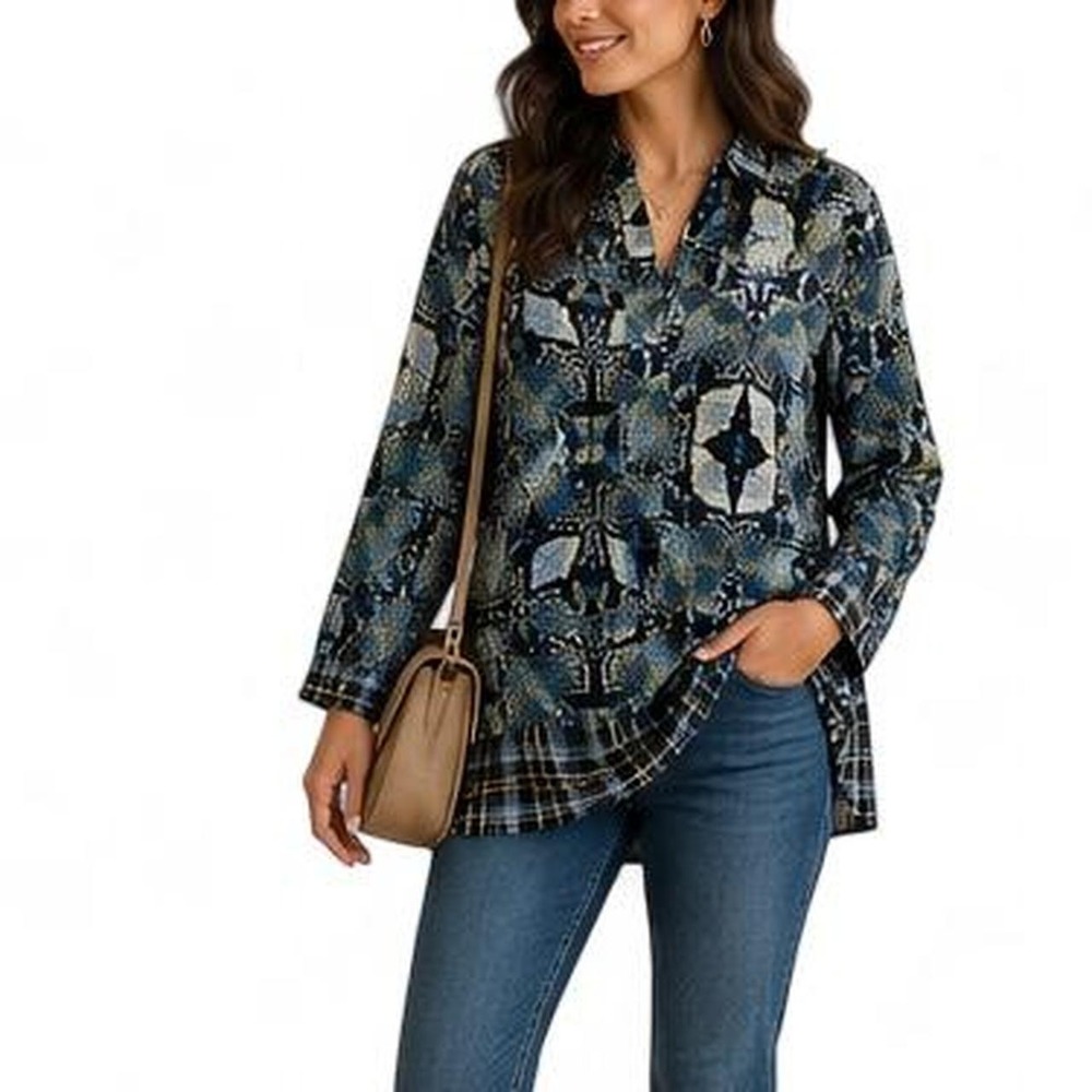 Snake Print Plaid Mixed Print Tunic Blouse Womens‎ M Artsy Boho Lightweight Top